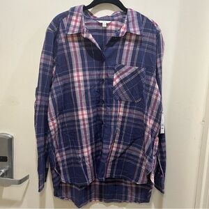 NWT Time & Tru Purple & Blue Plaid Button Down Long Sleeve Top Size Large